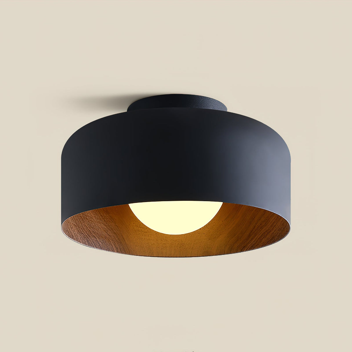 Drum flush mount ceiling light with wood grain interior close detail view 50