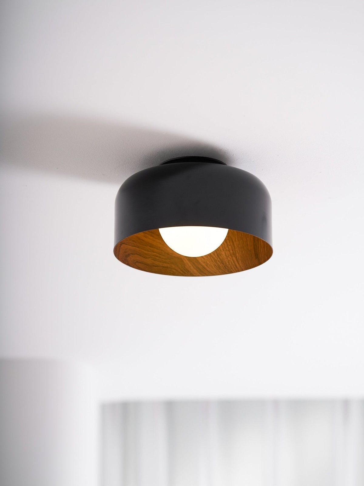 Drum flush mount ceiling light with wood grain interior close detail view 62