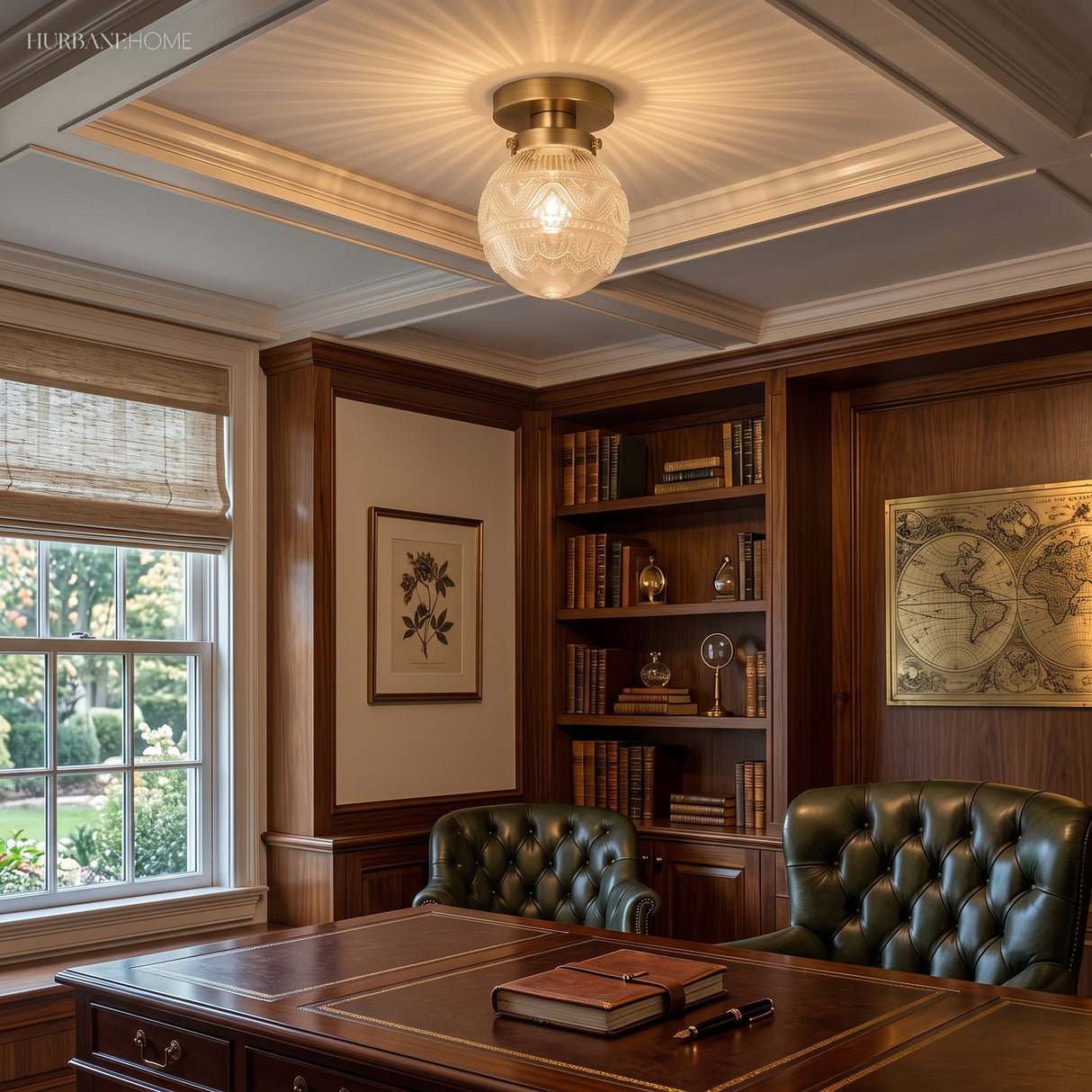 Engraved glass globe light on a coffered ceiling in a wood library