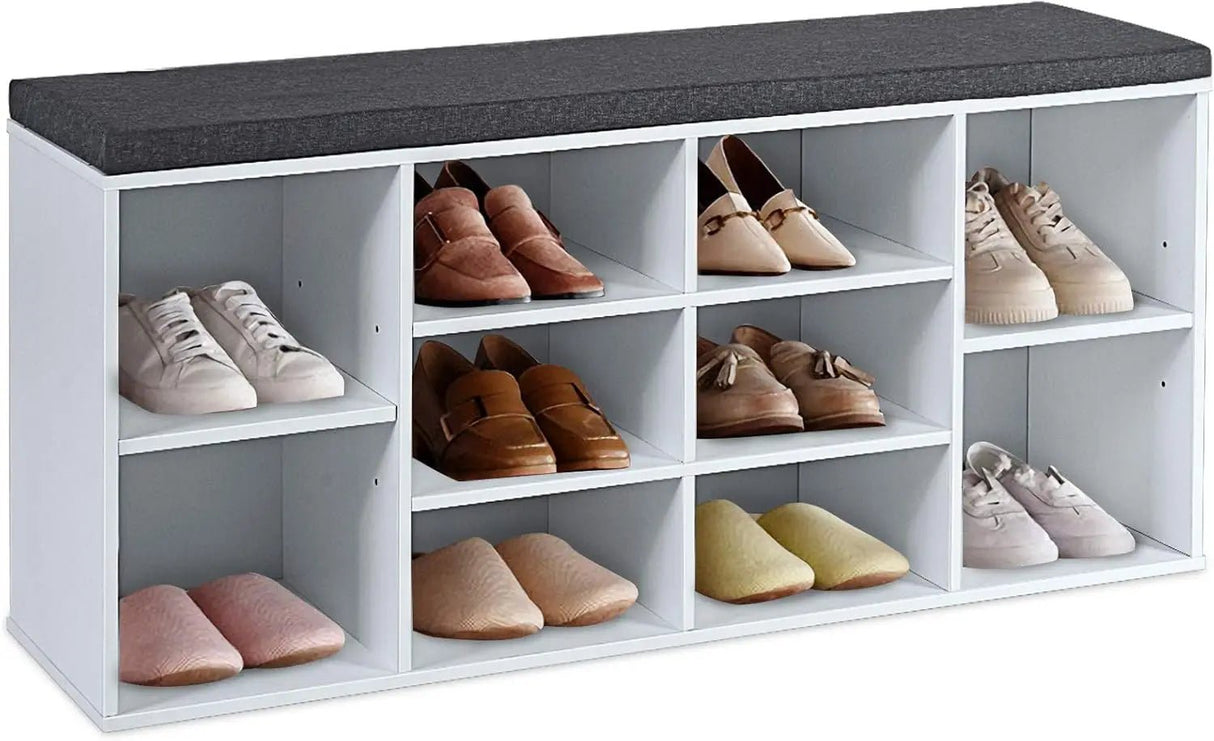 Entryway Bench with Shoe Storage – Padded Cushion Cubby Organizer - Entryway Storage Bench - Hurbane Home