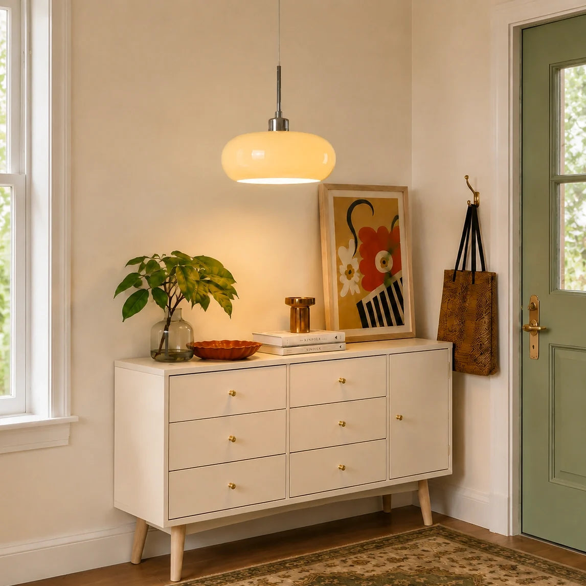 White glowing glass pendant light above an entryway sideboard
