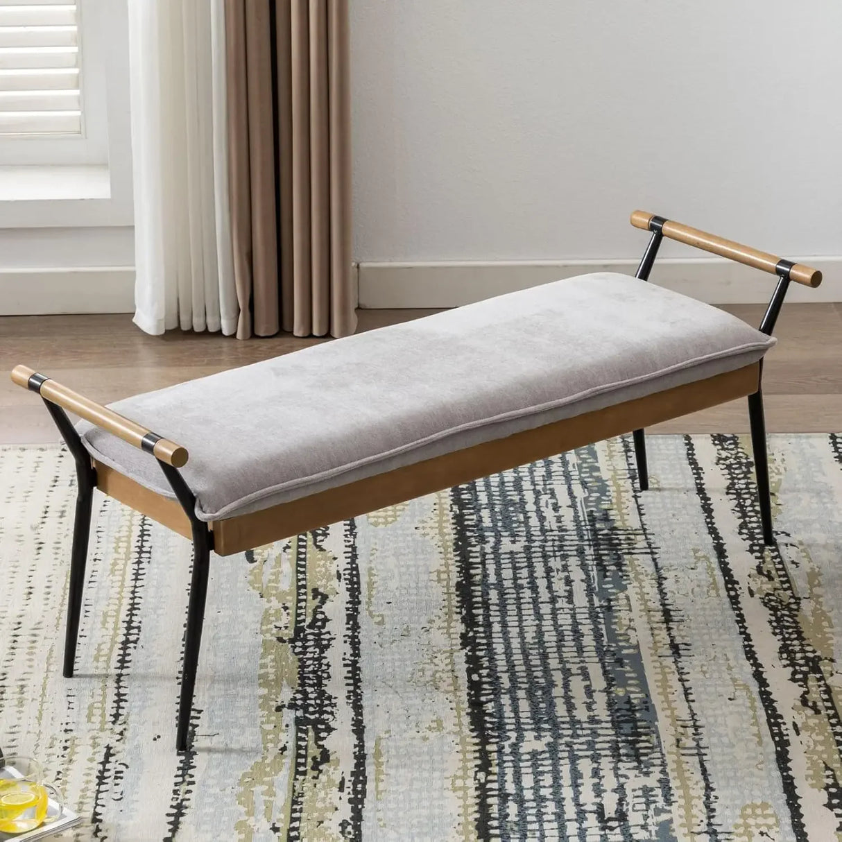 Bedroom Bench – Modern Chenille Upholstered Seat With Arms And Metal Legs.
