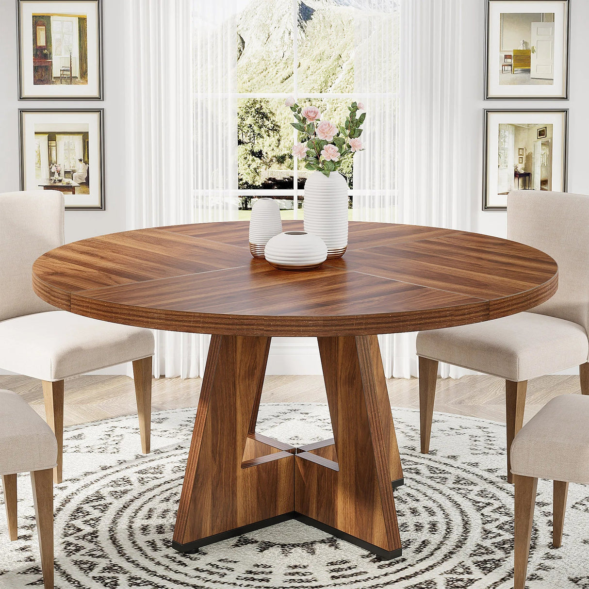 Farmhouse Dining Table – Tribesigns 47in Round Rustic Table for Four - Hurbane Home