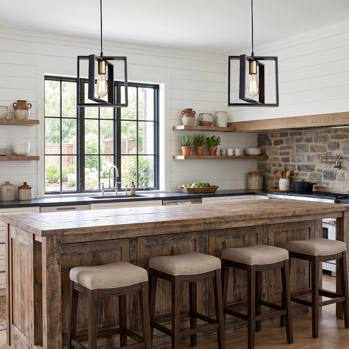 Pair of black cage pendants above a reclaimed timber kitchen island