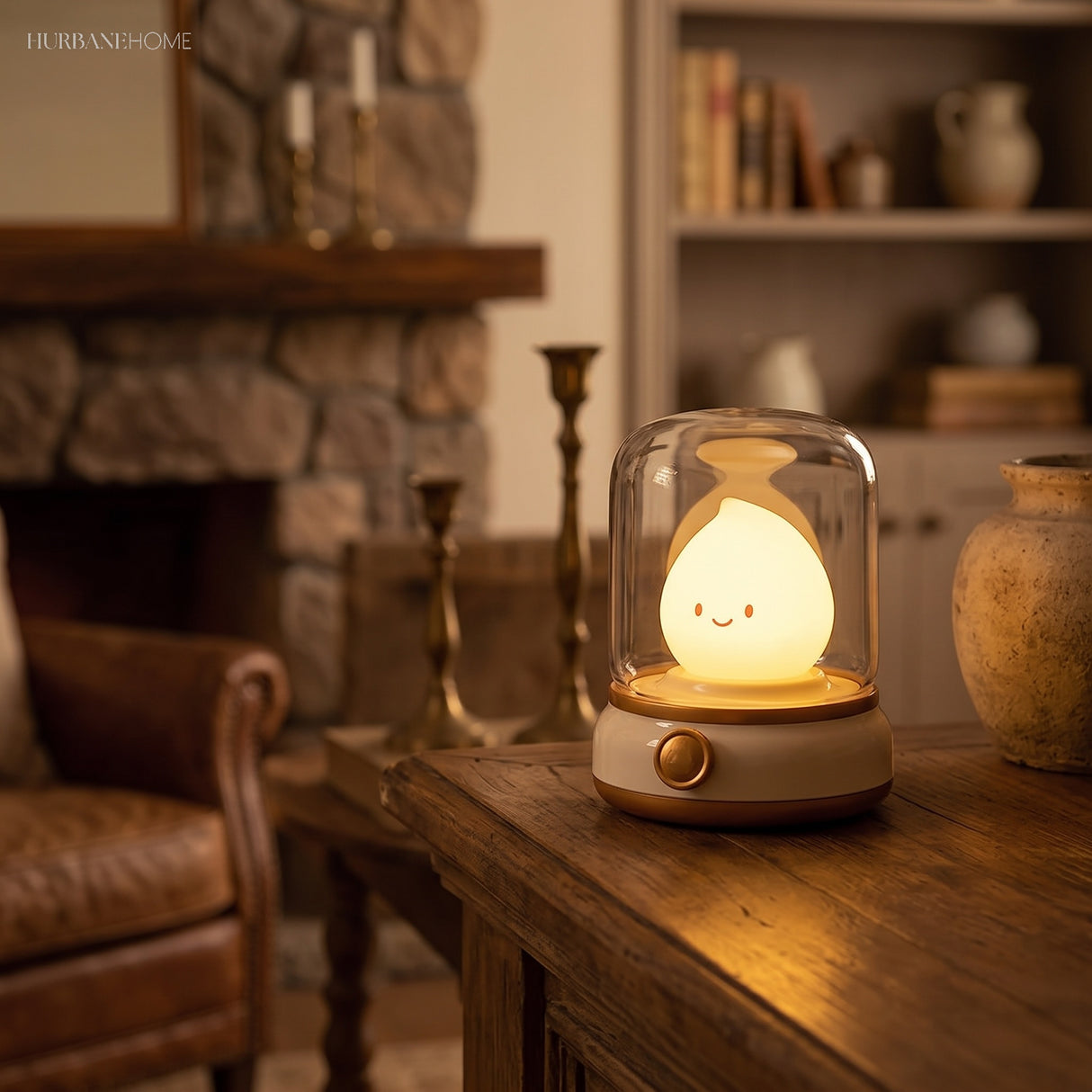 Flame night light lit on a dark side table in a living room with a stone fireplace
