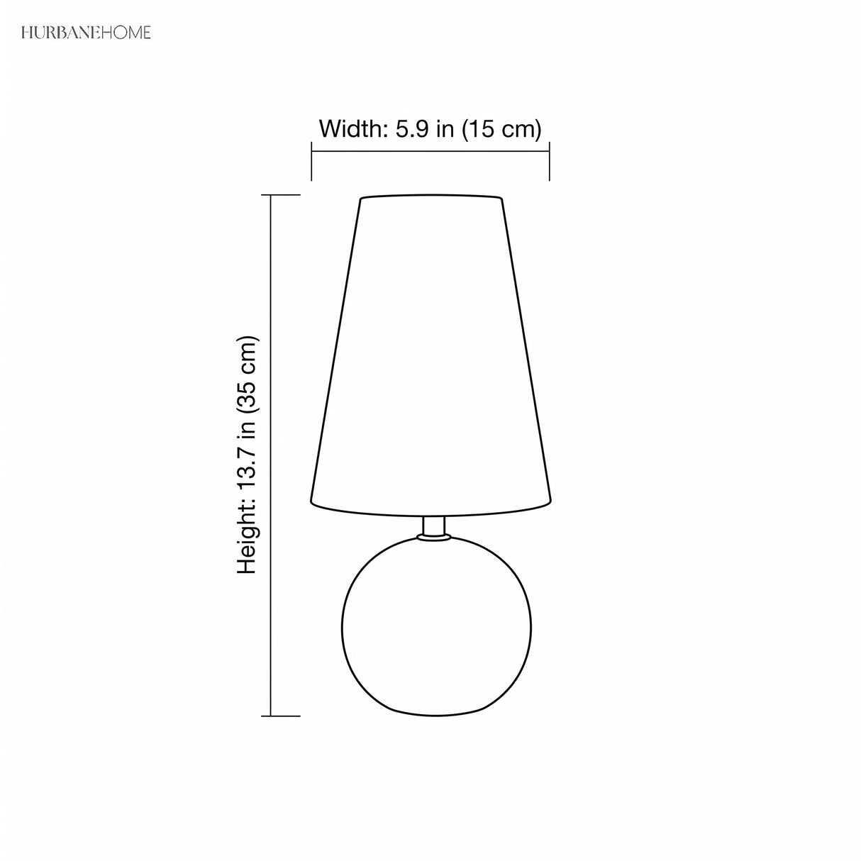 Line drawing of the table lamp marked 5.9 inches wide and 13.7 inches high