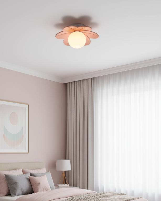 Flower ceiling light above a blush bedroom with sheer curtains and a made bed