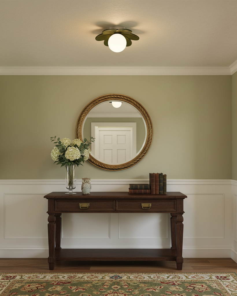 Flower ceiling light above a sage green hall with a round mirror and console table