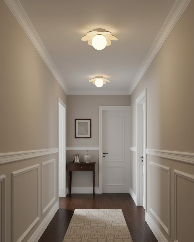 Flower ceiling lights above a white panelled corridor leading to a closed door