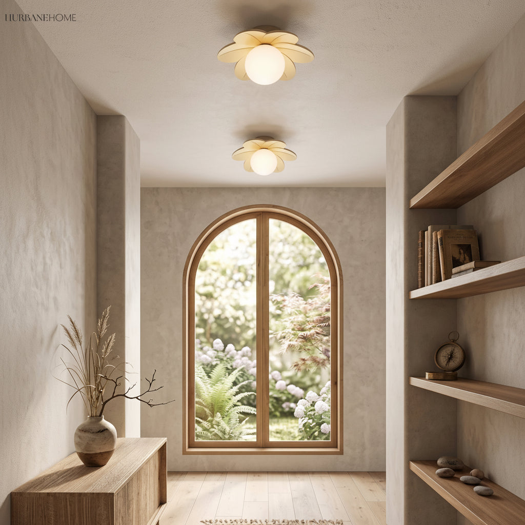 Two flower ceiling lights along a hallway ceiling beside a tall arched window