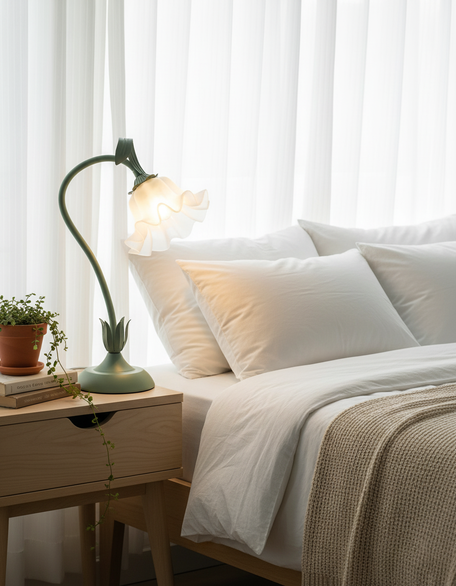 Flower table lamp on an oak bedside table next to white bedding and a plant
