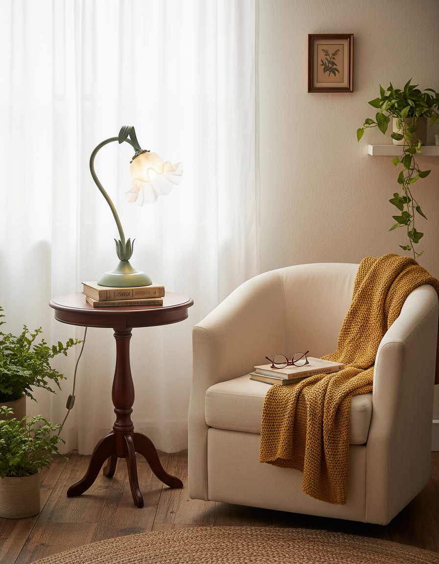 Flower table lamp on a round wooden table beside a cream armchair with mustard throw