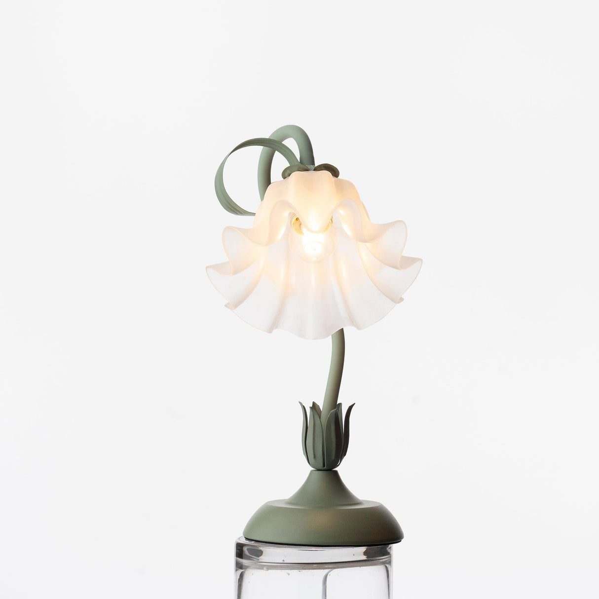Studio image of the shade opened upward with petals fanned around the bulb