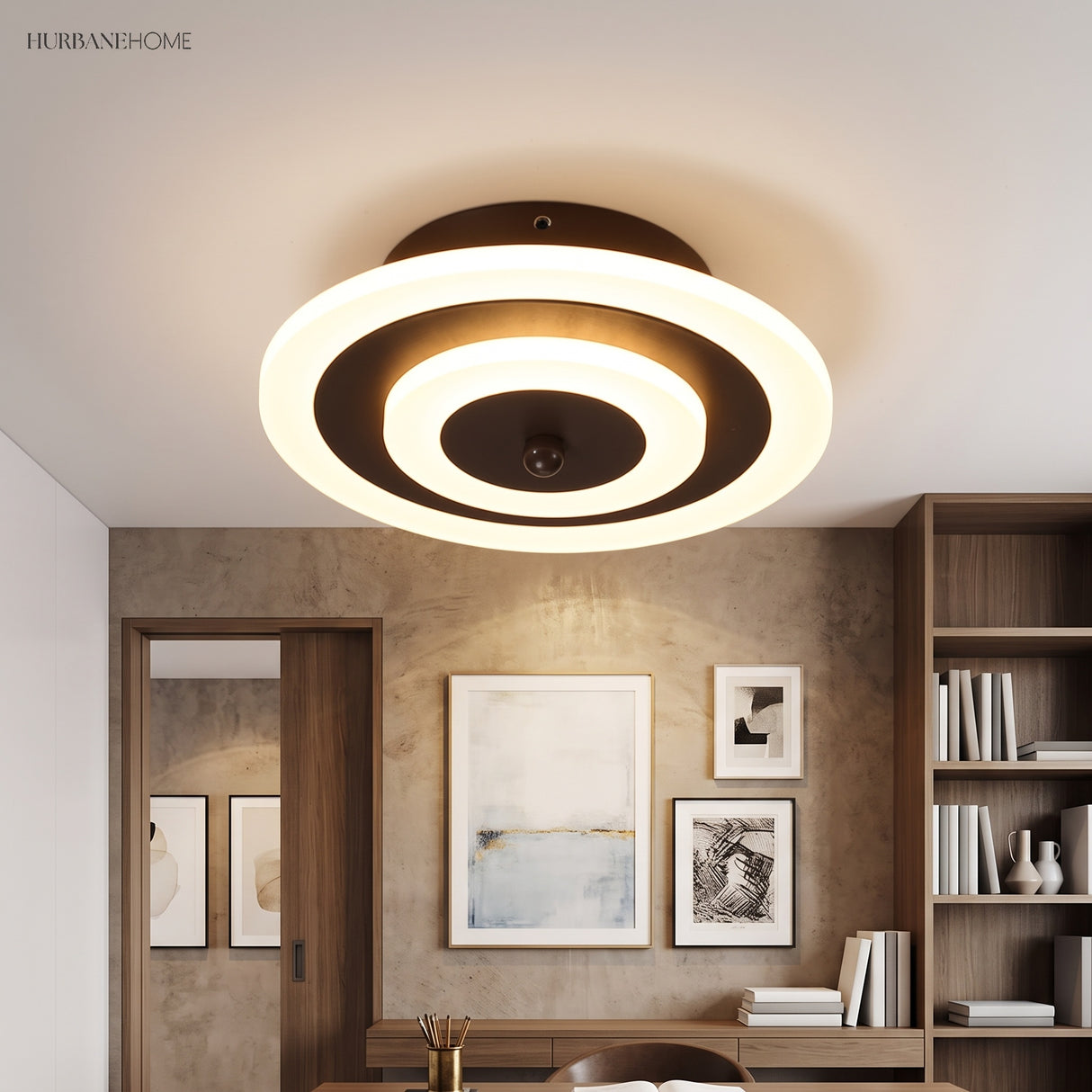 Round ceiling light with a coffee ring lighting a study alcove