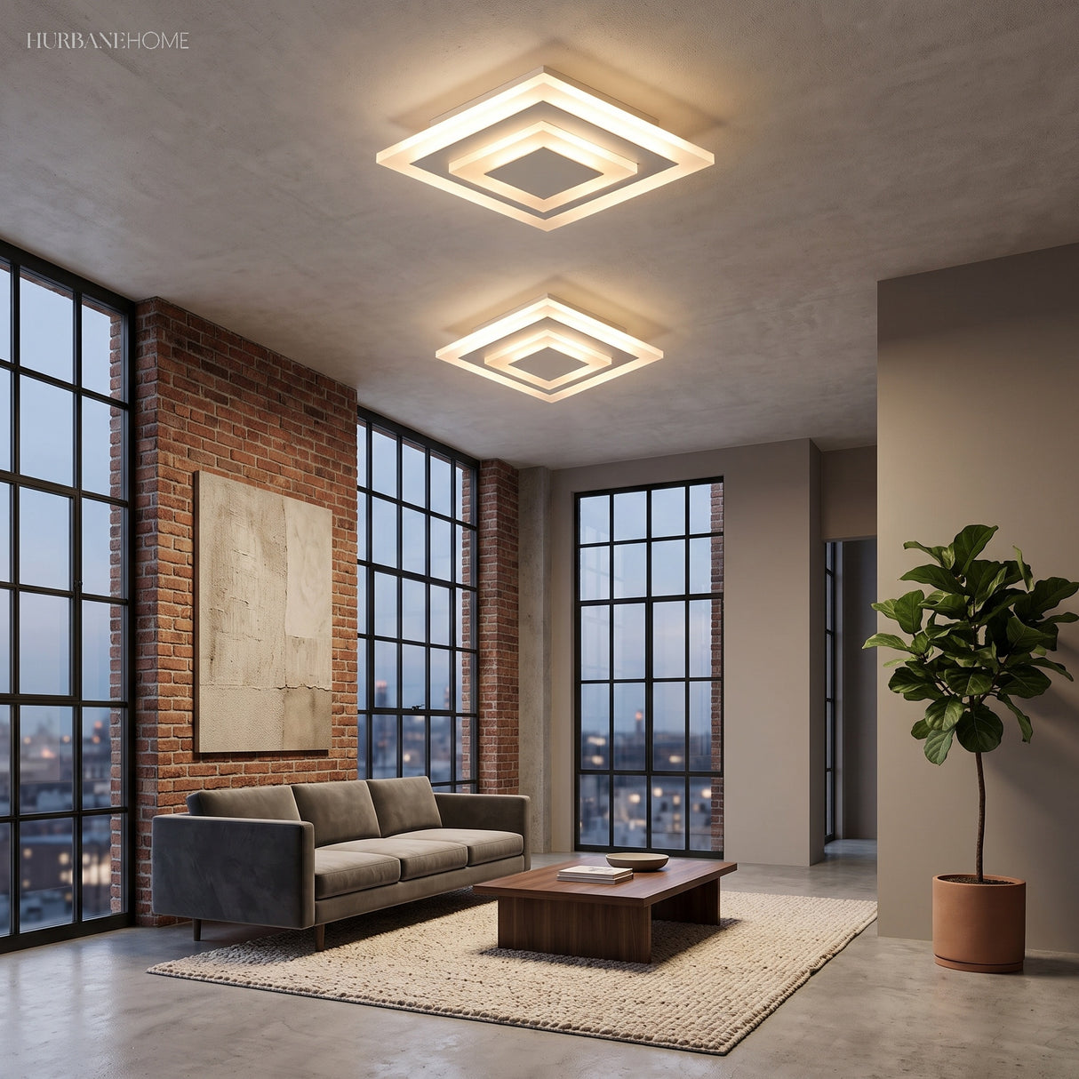 Two square ceiling lights glowing on a loft living room ceiling