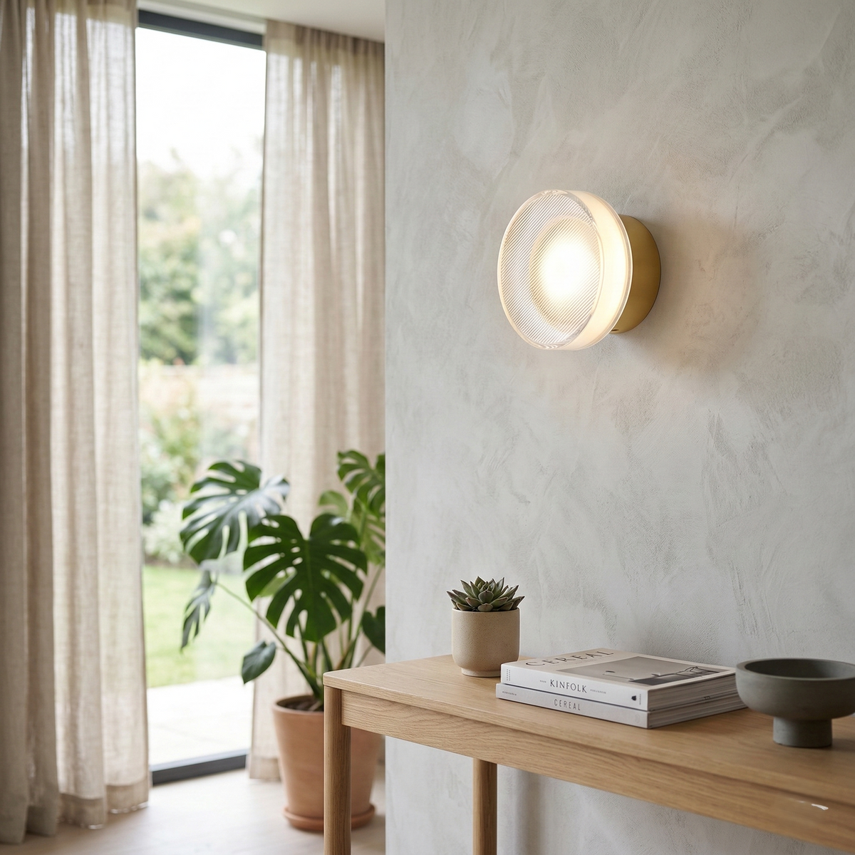Two ribbed disc wall lights on a curved white wall beside a sofa