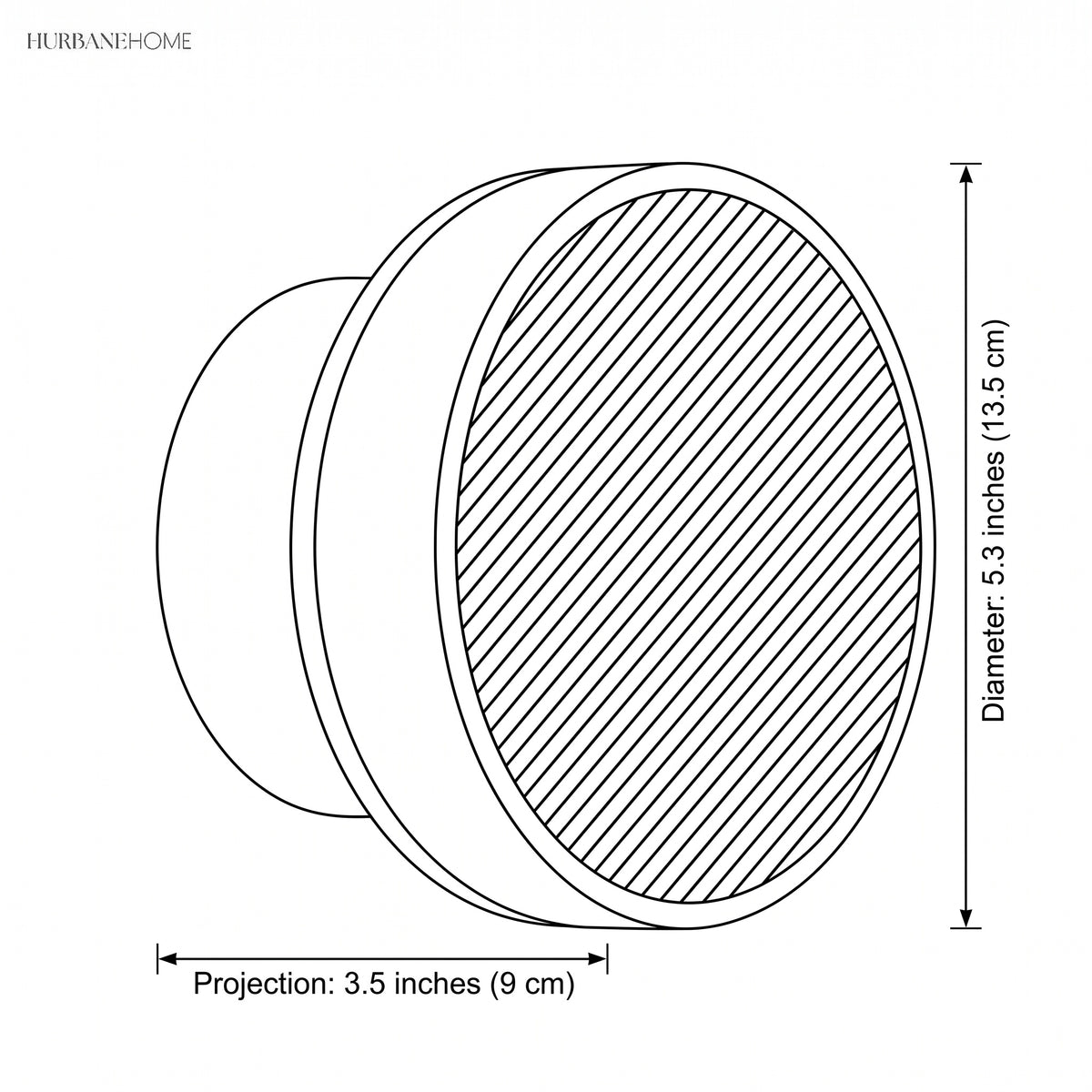 Line drawing of the disc wall light with diameter and depth labels