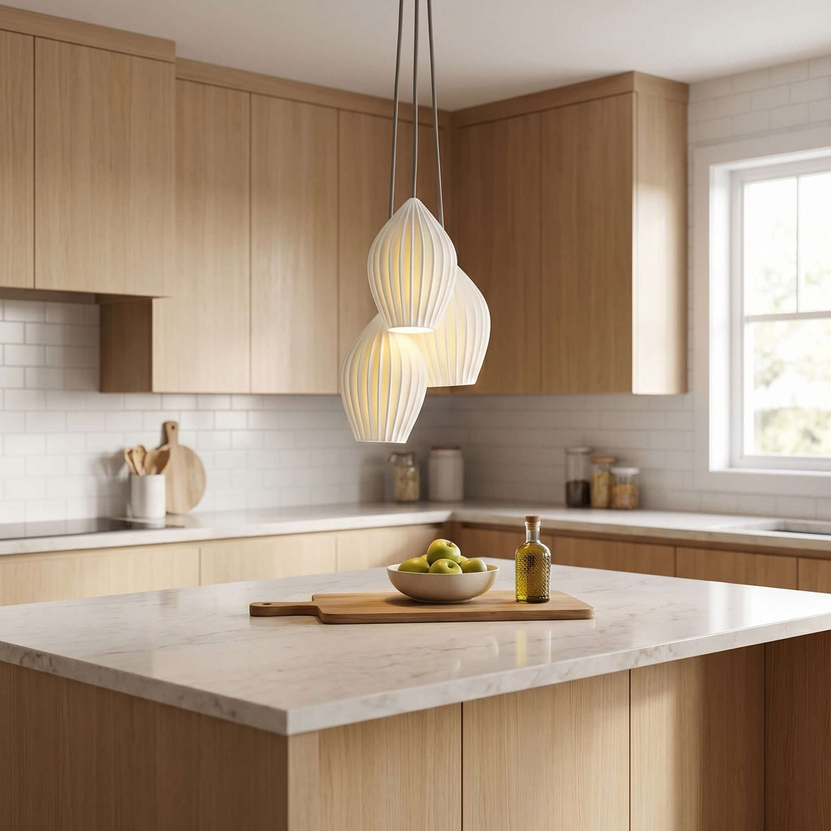 Ribbed ceramic pendant shade with deep vertical fluting, white finish, view 2