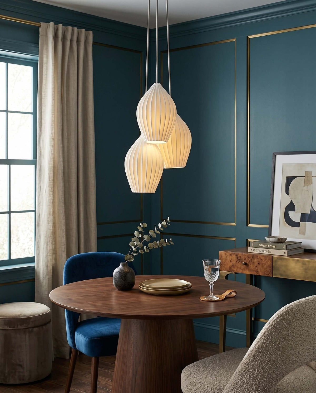 Multi light ceramic cluster pendant with fluted teardrop shades, view 11
