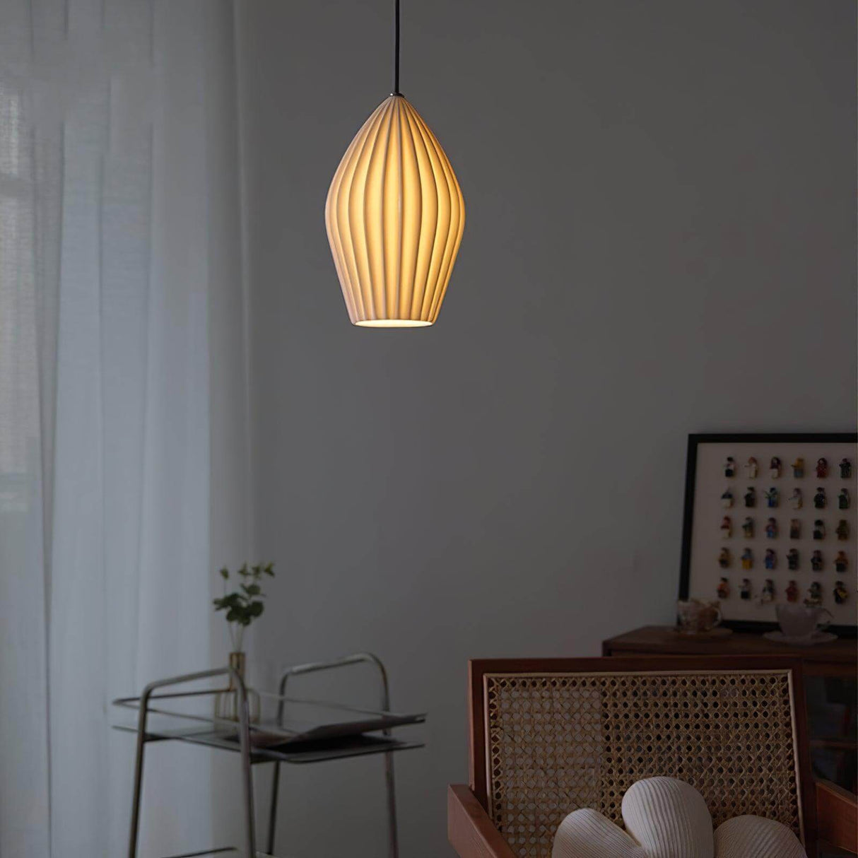 Ribbed white ceramic hanging pendant with an E26 bulb base, view 18