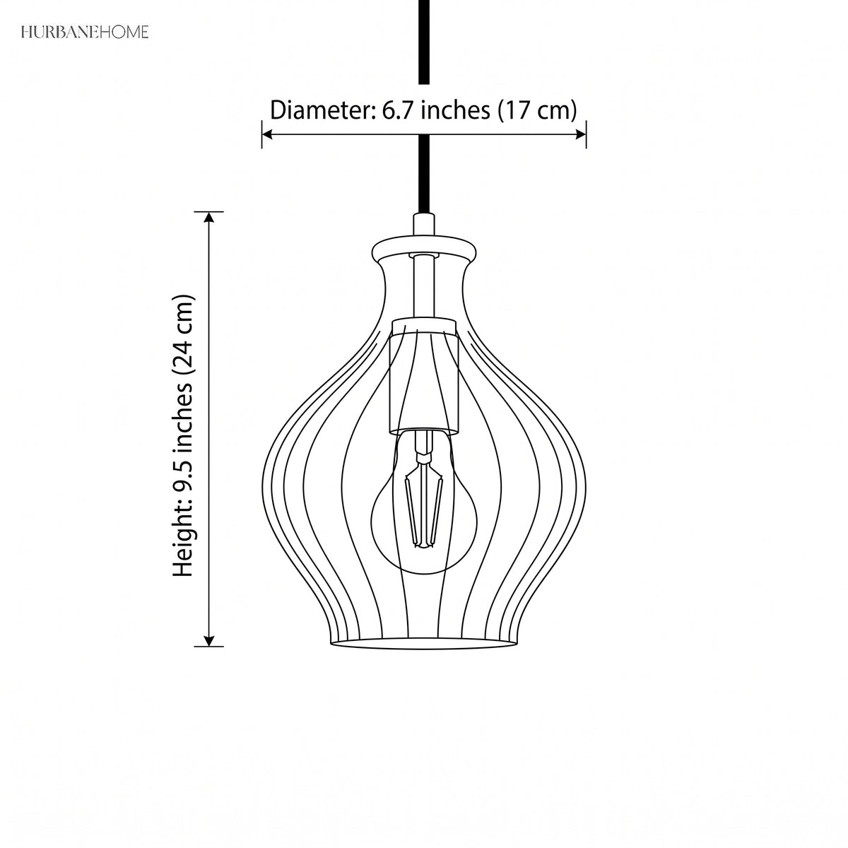 Diagram showing pendant diameter 6.7 inches and height 9.5 inches