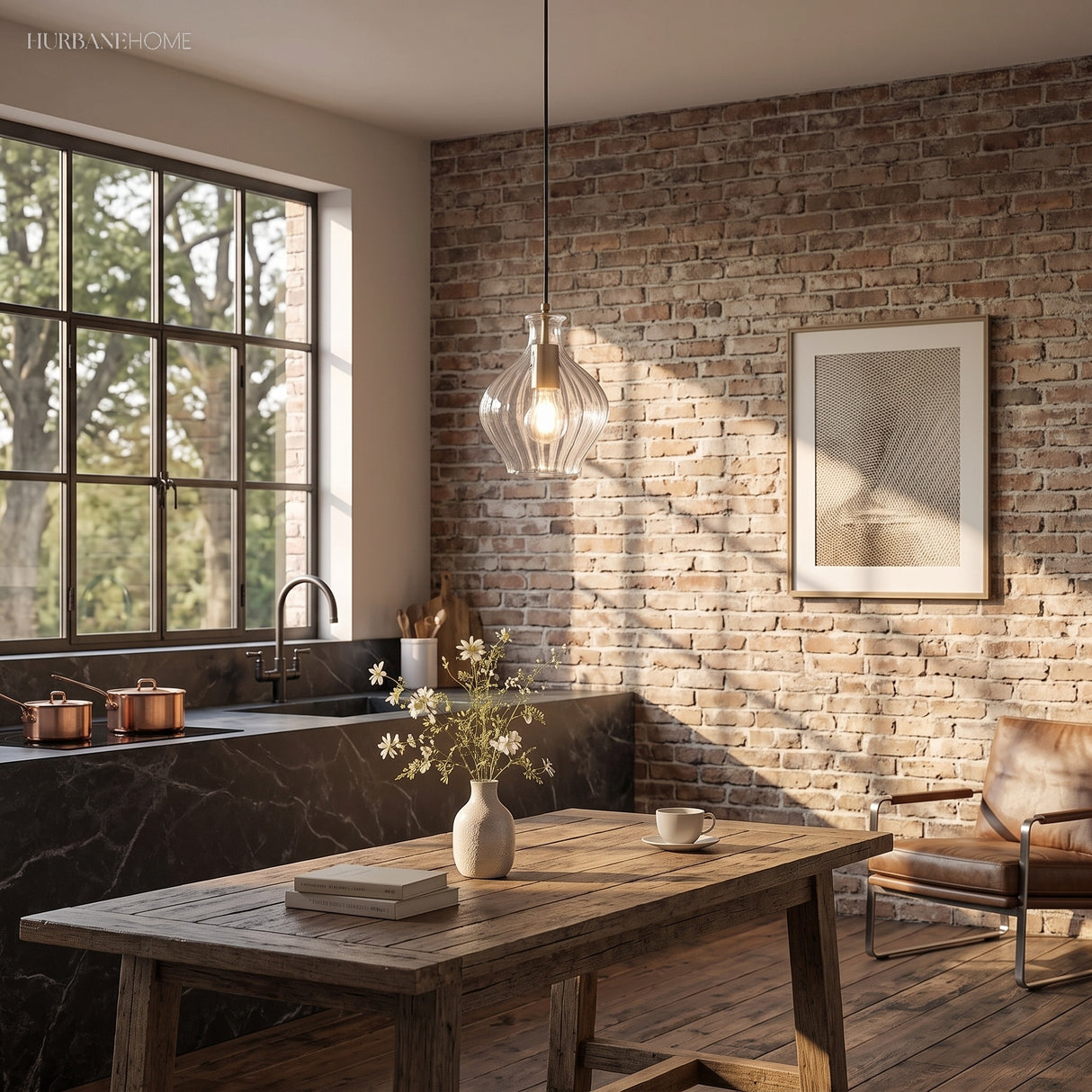 Fluted glass pendant lighting a rustic kitchen with exposed brick