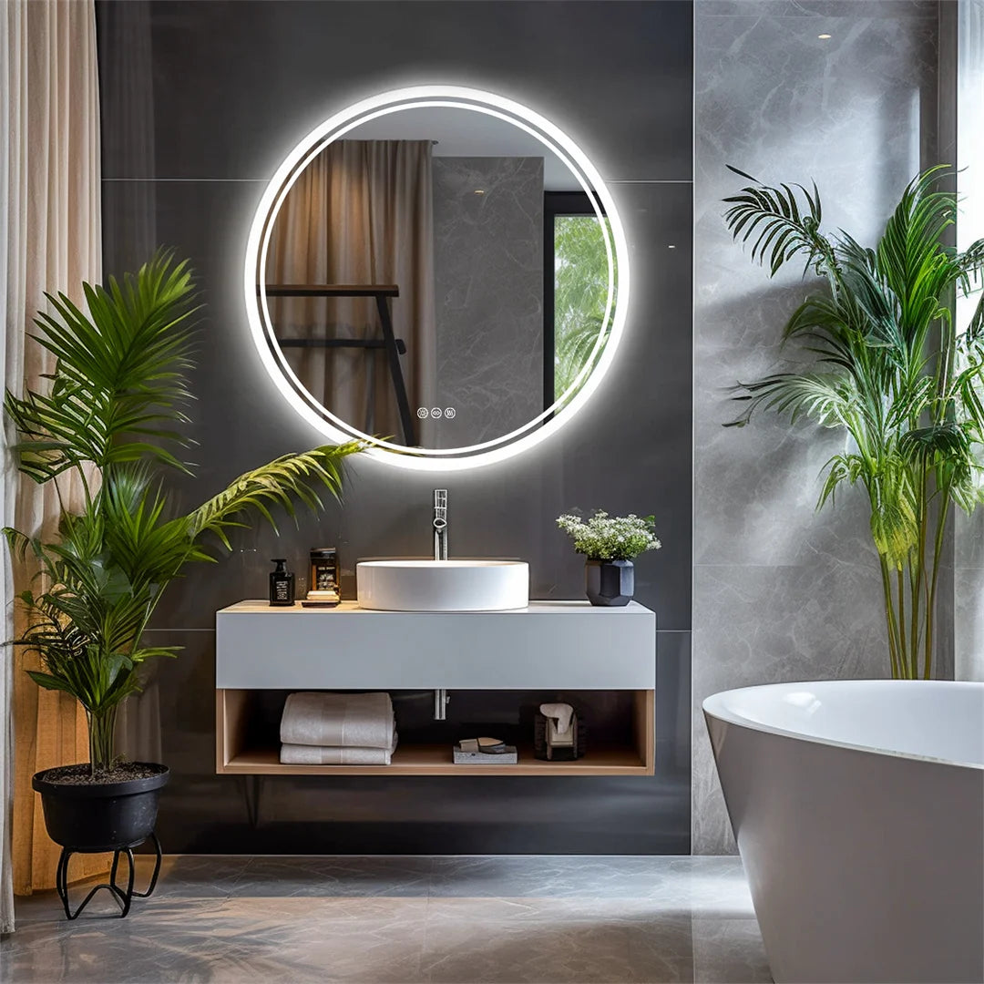 frameless led mirror mounted above modern bathroom vanity