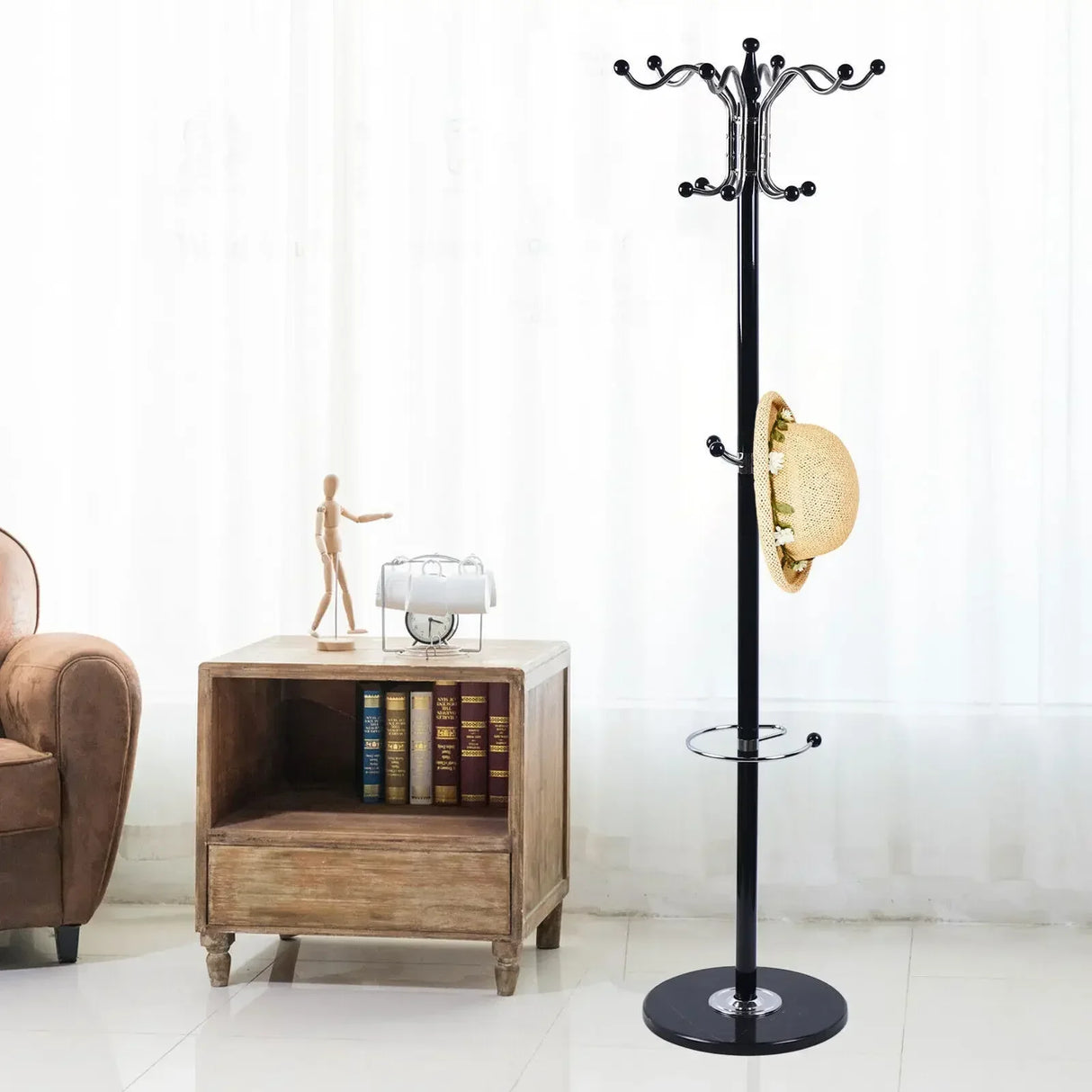 Freestanding coat rack with sturdy metal frame and weighted base