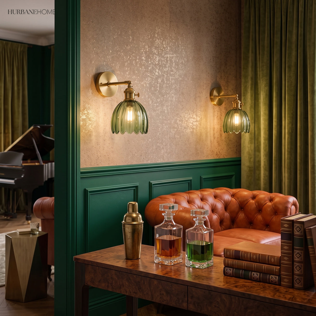 Amber lotus glass wall sconce in a green panelled lounge