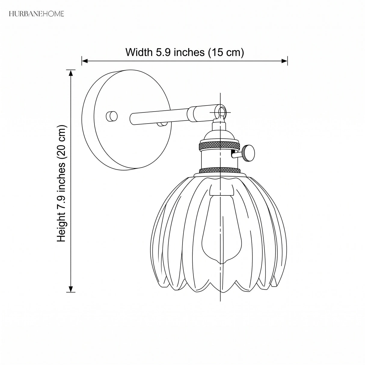 Line drawing of lotus glass wall sconce with dimensions 5.9 inches (15 cm) wide and 7.9 inches (20 cm) high