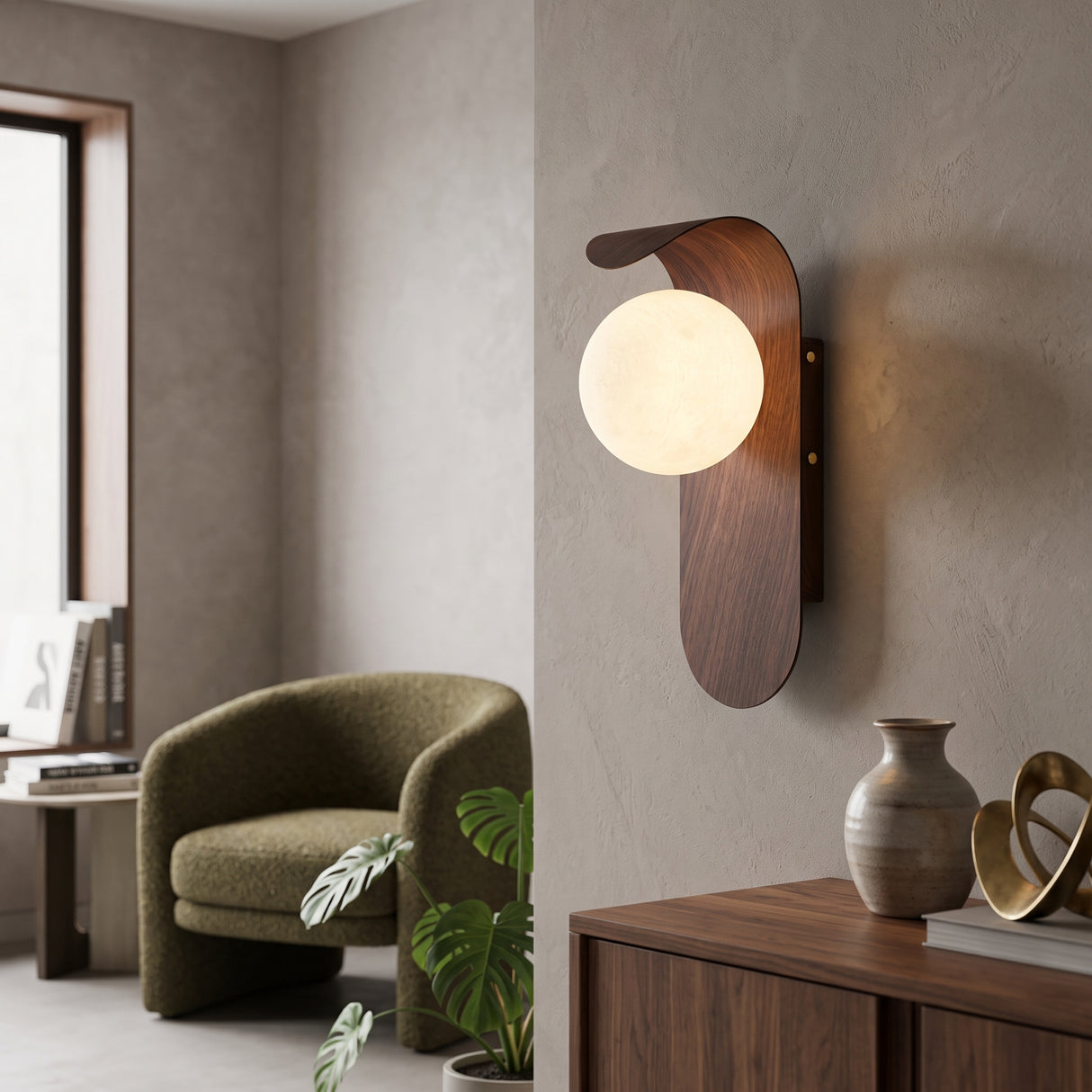 Frosted glass globe wall sconce with curved wood tone backplate
