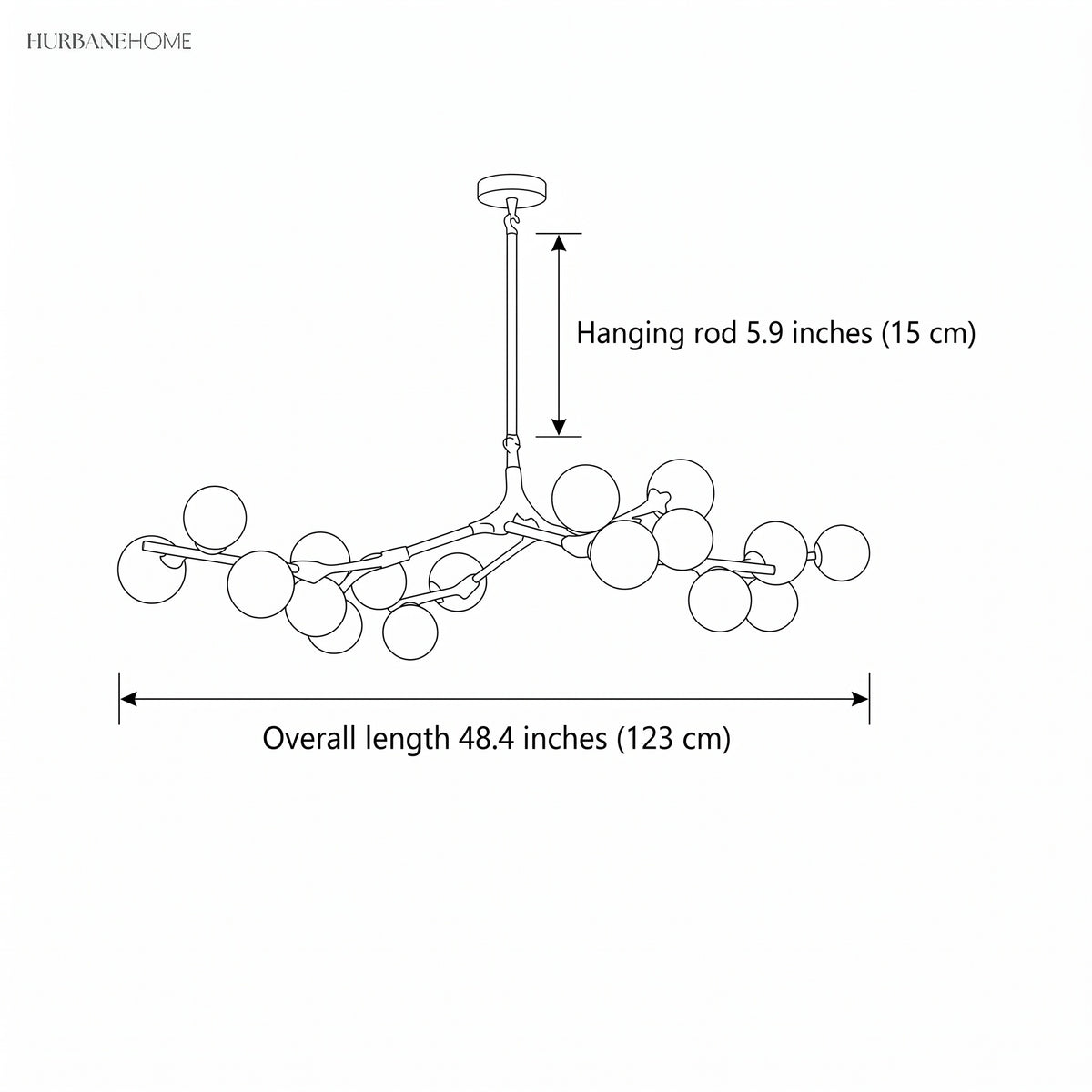 Dimension drawing of the chandelier, 48.4 inches long on a 5.9 inch rod