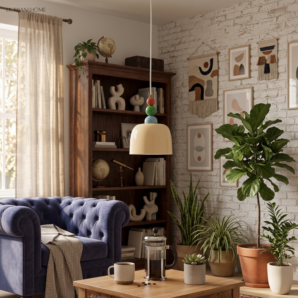 Glass dome pendant lit in a brick walled room with a navy velvet sofa