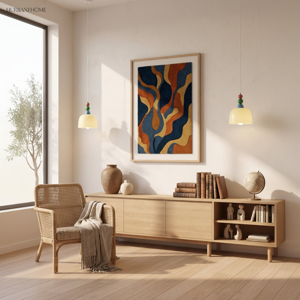 Pair of glass dome pendants in a warm living room with a low oak sideboard