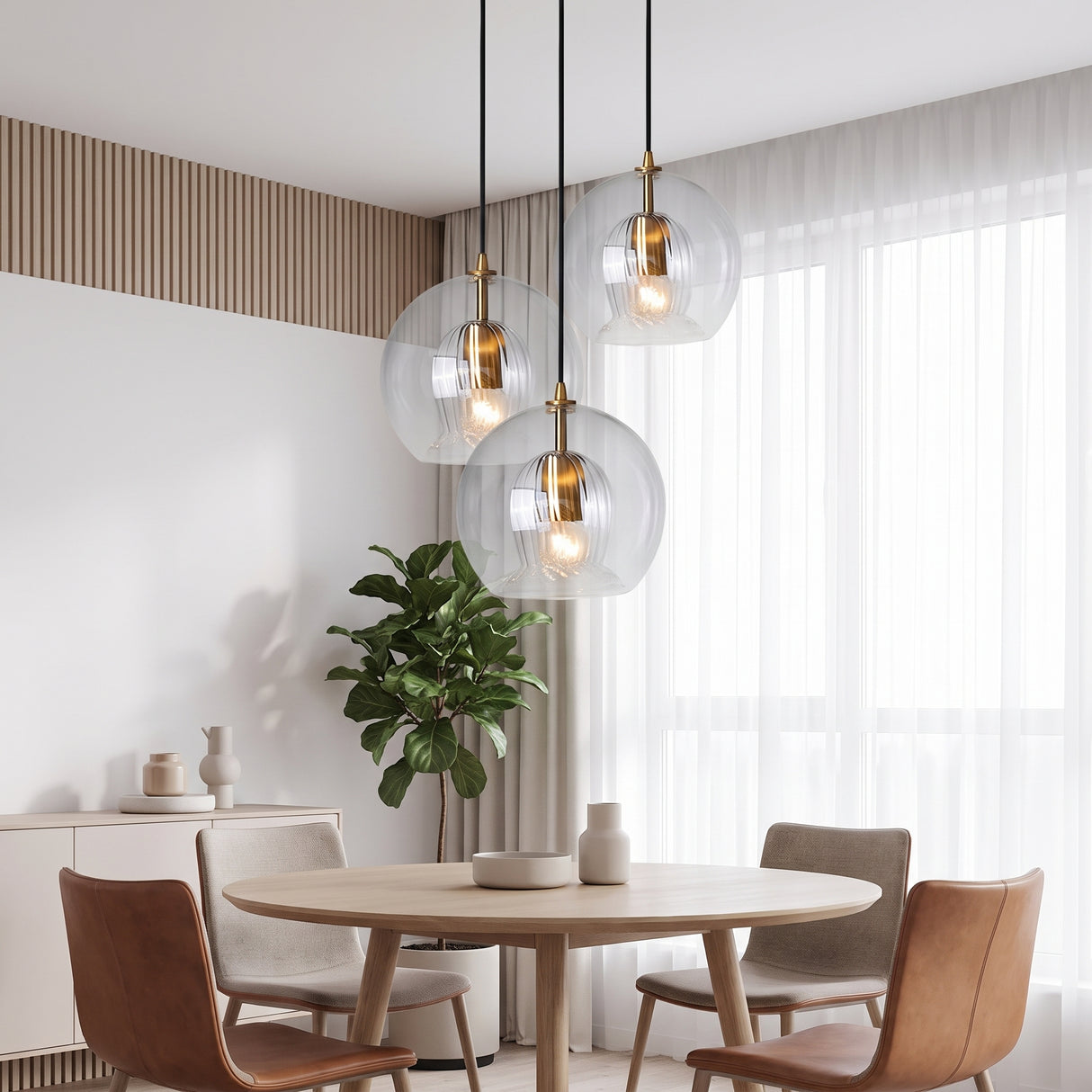 Three clear glass globe pendants clustered above a round oak dining table