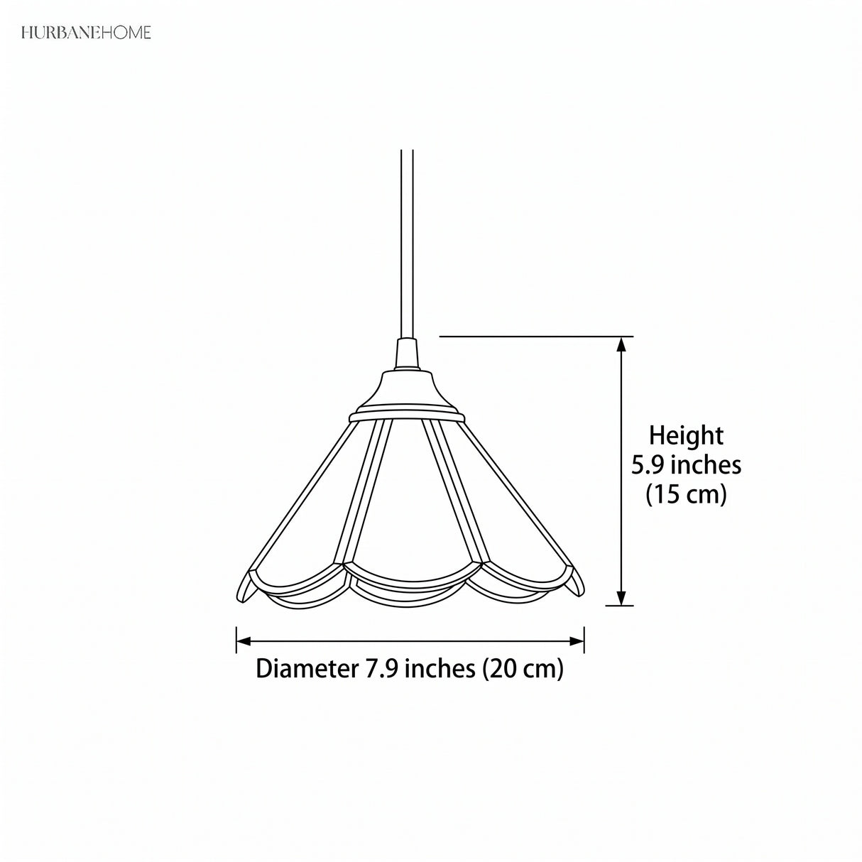 Line drawing of the pendant shade marked 7.9 inches wide and 5.9 inches deep