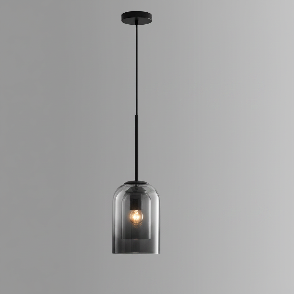 Grey pendant with the cord length and shade dimensions labelled