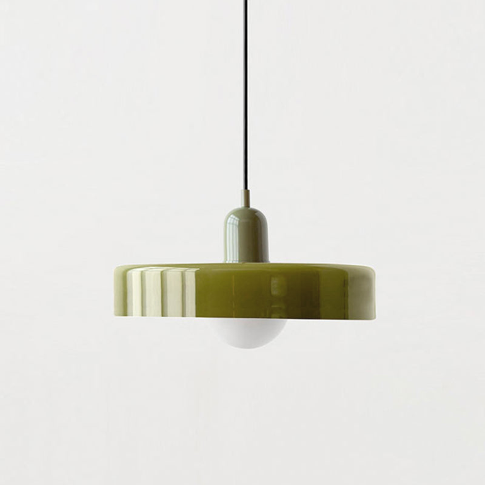 Olive disc pendant on a long drop with a soft sage green lamp holder