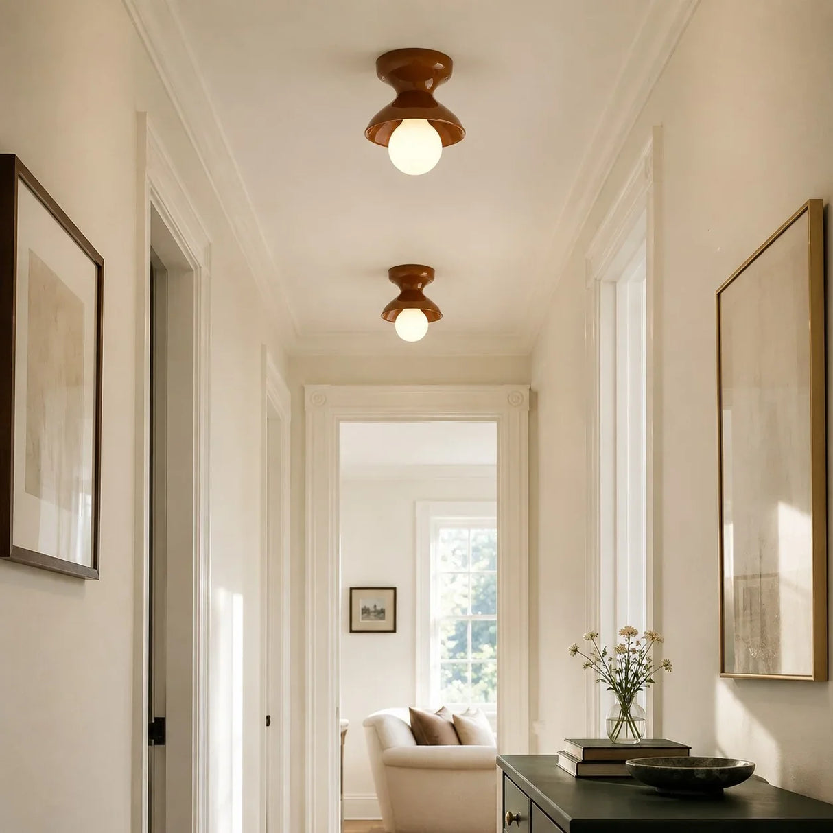 Glazed ceramic flush mount ceiling light close detail view 2