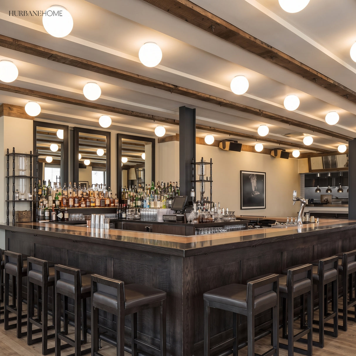 Rows of glass globe ceiling lights across a bar and restaurant ceiling
