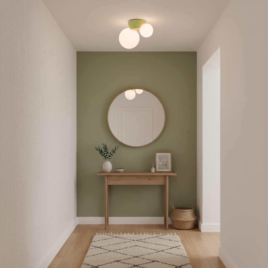Twin globe ceiling light above a sage green wall with a round mirror below