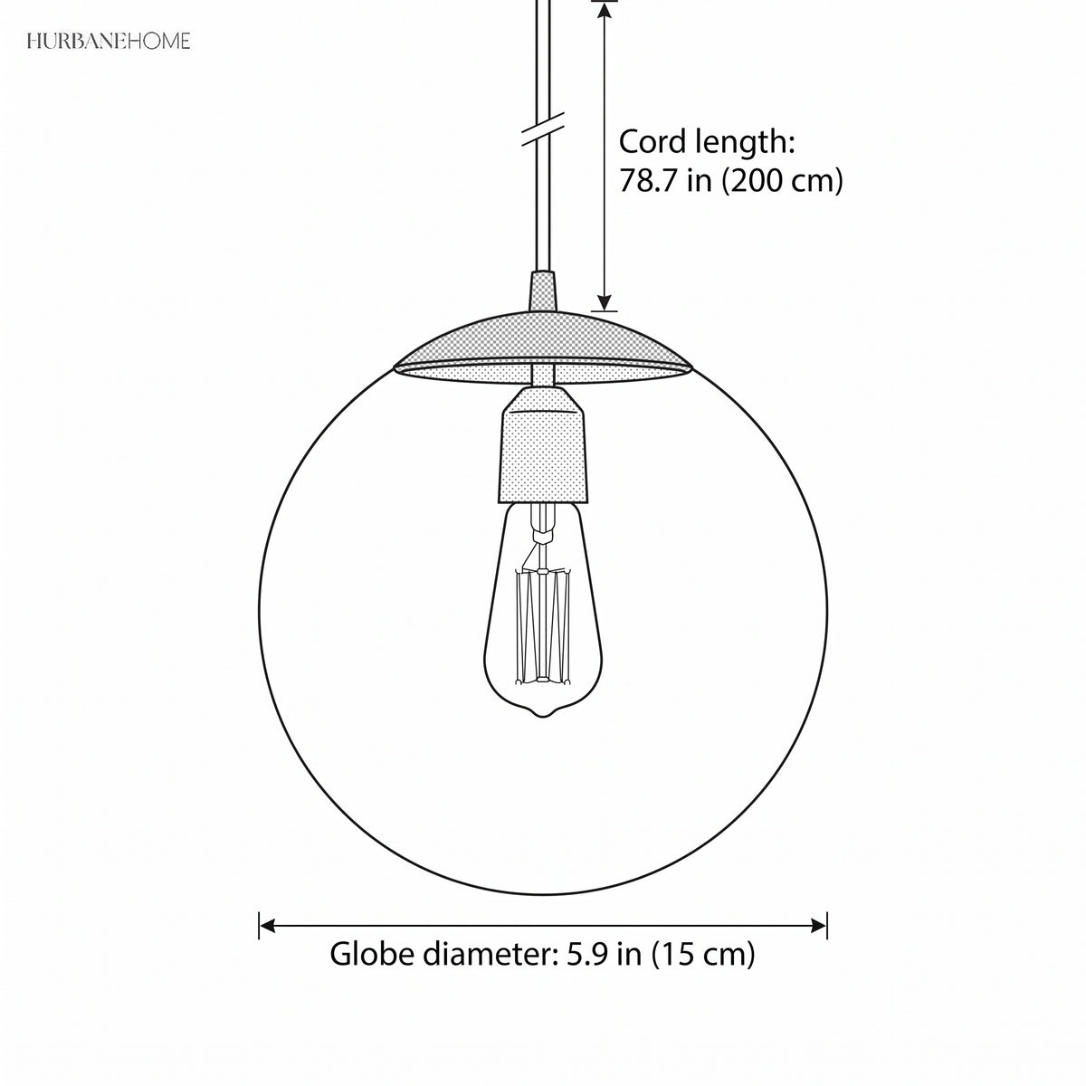 Dimension diagram showing a 5.9 inch globe and 78.7 inch cord