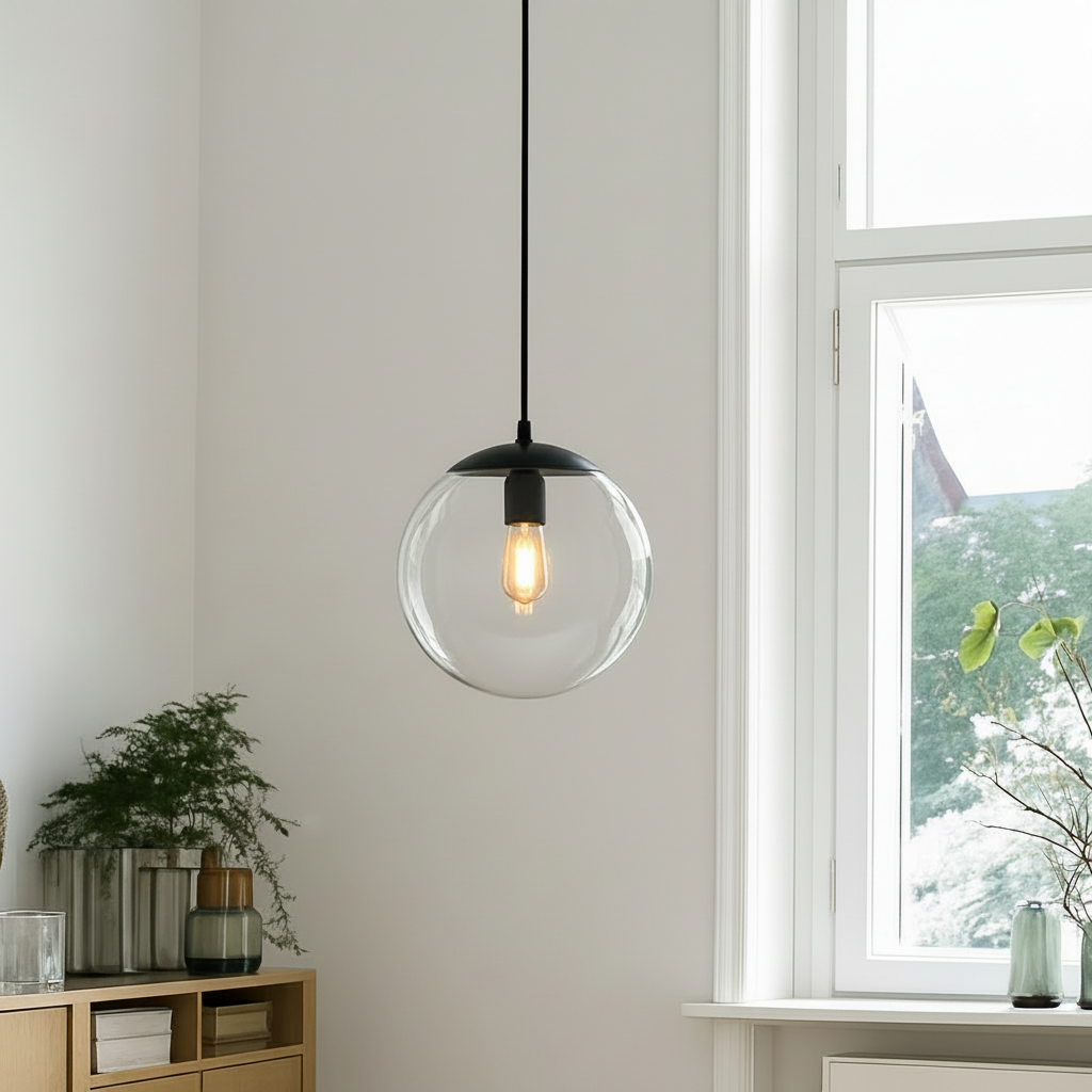 Globe Pendant Light Clear Glass Black Cap E27