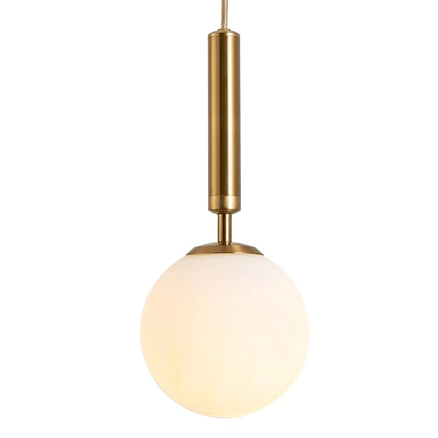 Brass globe pendant with the glass ball lit from within