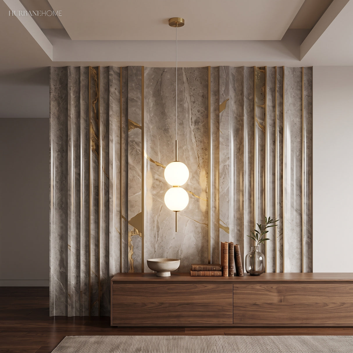 Opal globe pendant lit in front of a veined stone feature wall