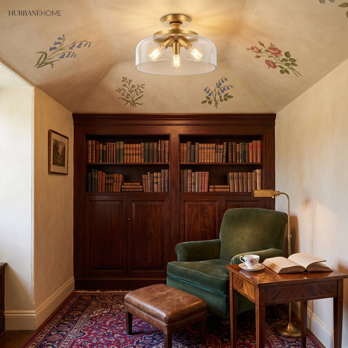 Gold clear-glass semi flush mount ceiling light in a floral reading nook