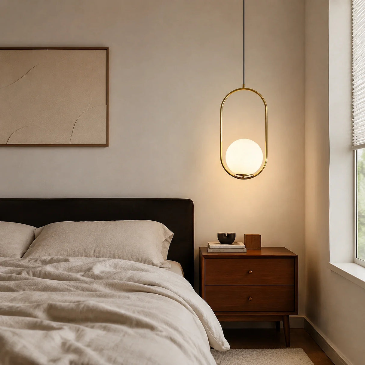 Warm glowing gold oval frame glass globe pendant beside a dark bed and timber nightstand