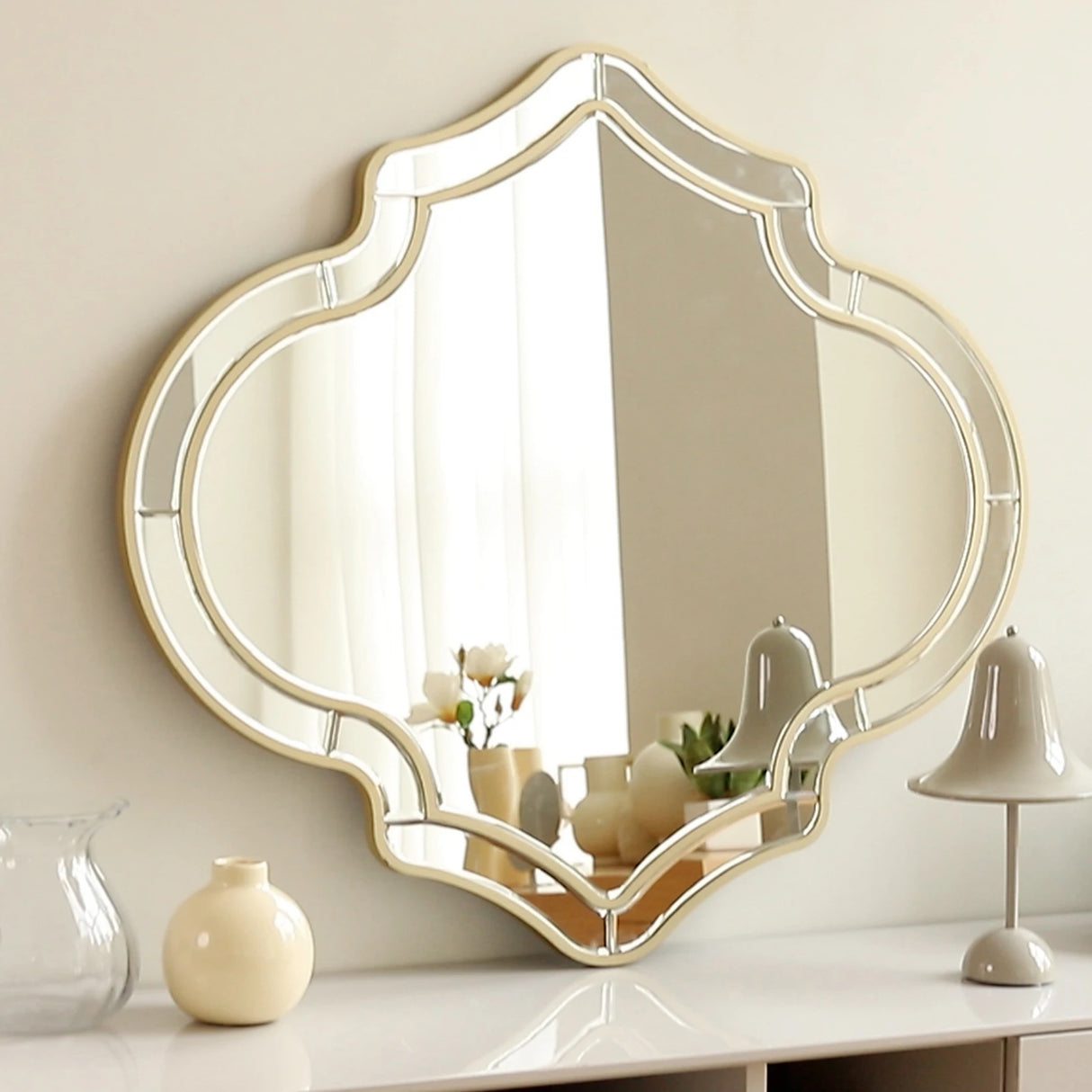 Large Irregular Gold Rim Wall Mirror Glass Frame Accent