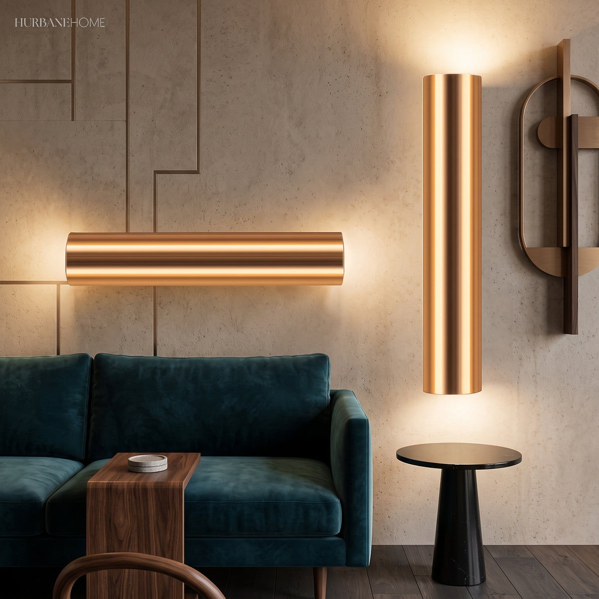 Two gold tube sconces lit above a green sofa and side table
