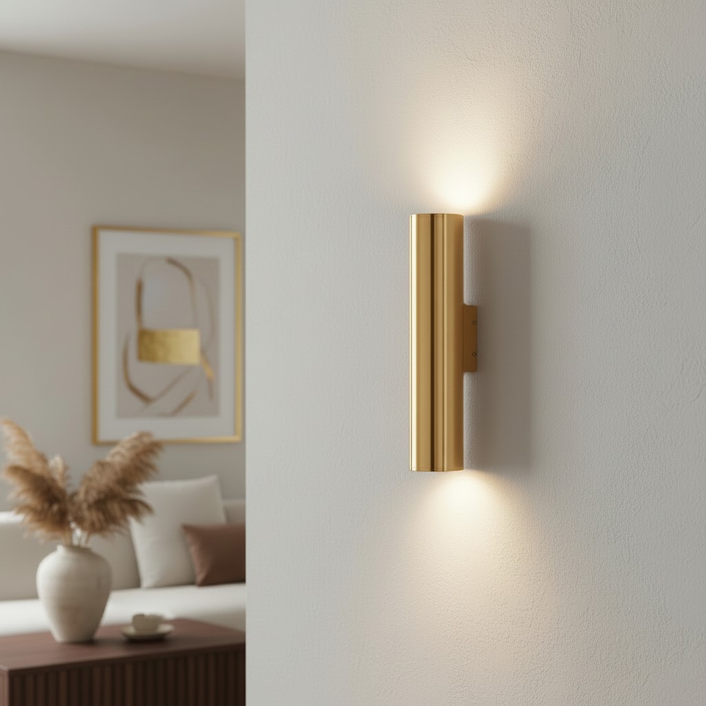 Single gold tube sconce shown against a plain pale backdrop